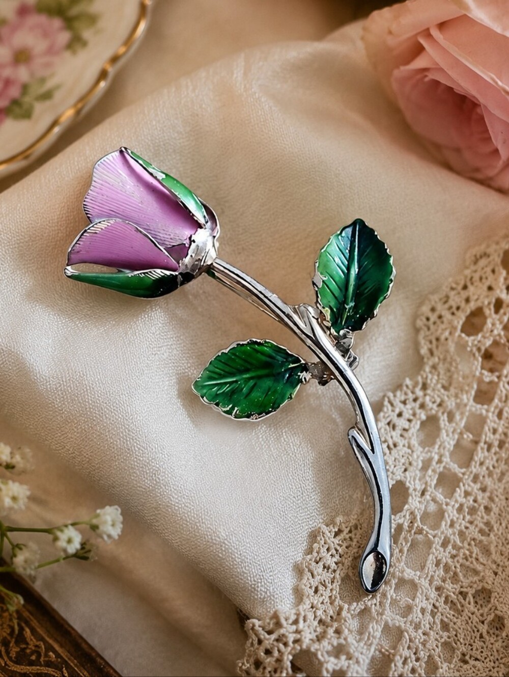 Vintage Pink Enamel Rose Brooch Silver Tone Floral Pin Cottagecore Romantic Jewe